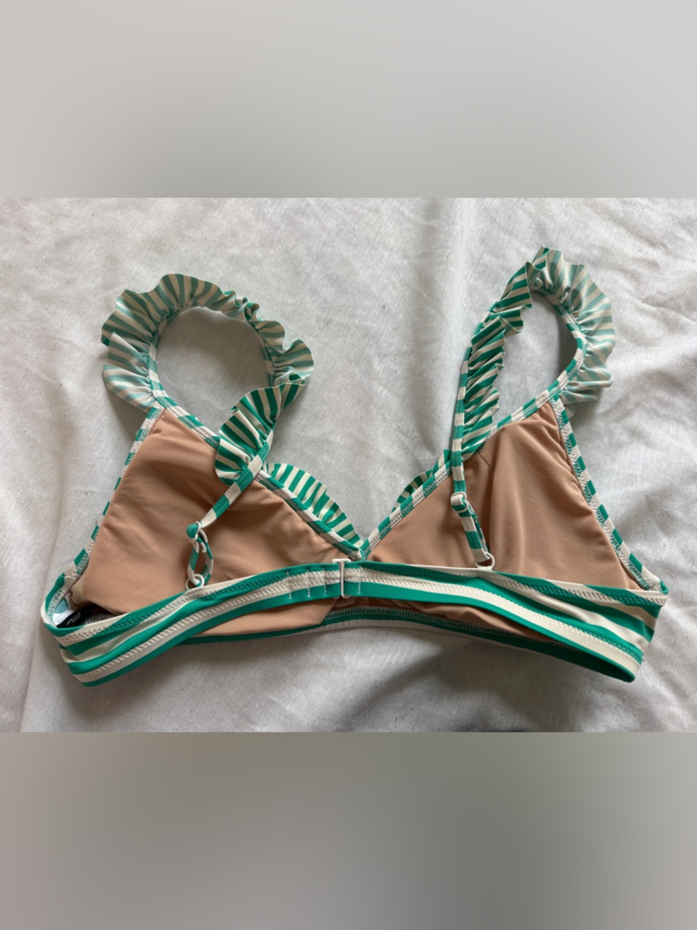 J.CREW Green White Striped Ruffle Bralette Bikini Top M Wide Strap Lined Stretch - Picture 2 of 5